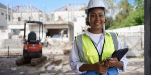 Smiling,Female,Engineer,,Wearing,A,Hard,Hat,,Vest,,Holding,A